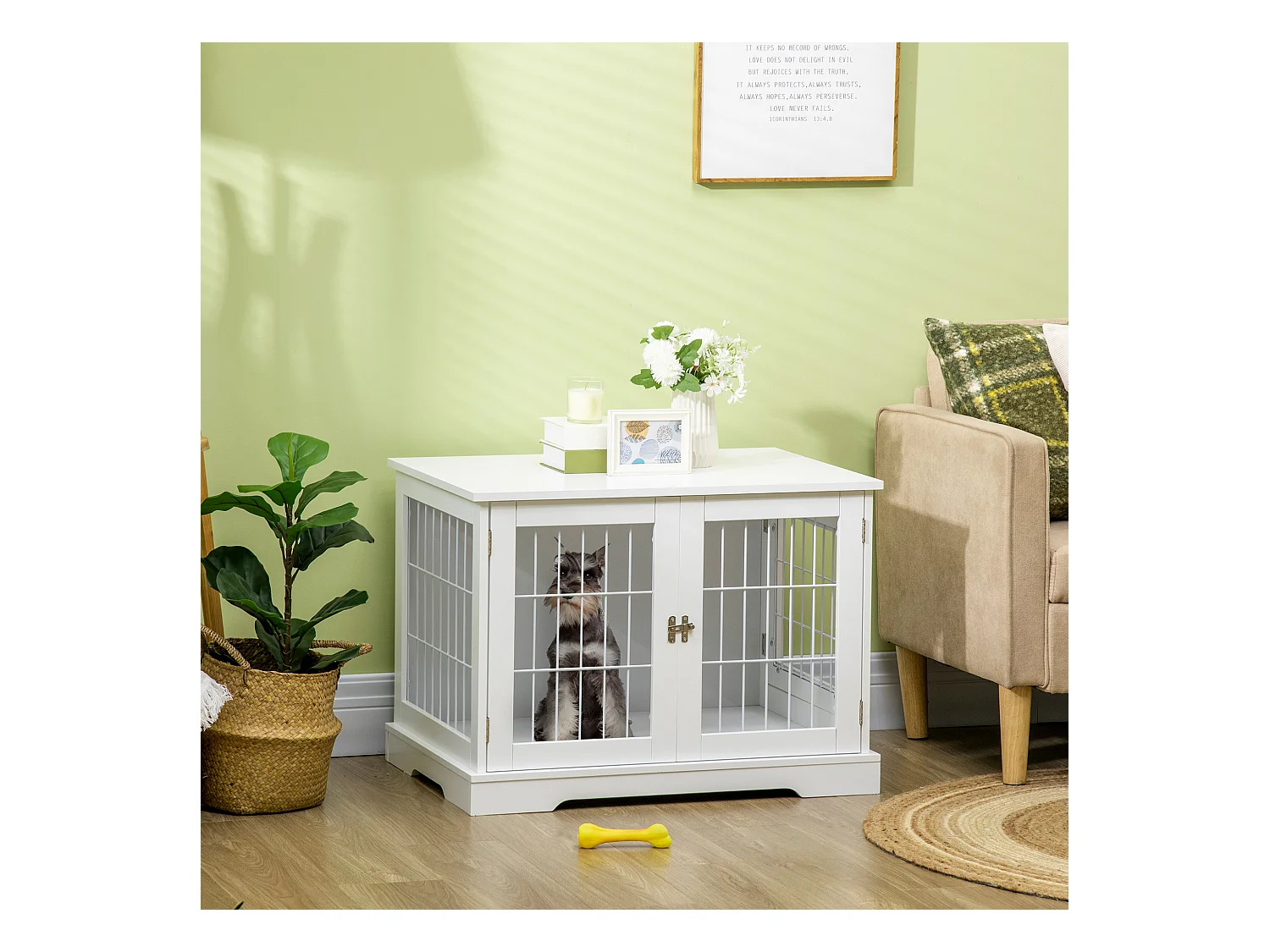 Cage pour chien animaux table d'appoint 2 en 1 - 2 portes verrouillables - dim. 76L x 54,5l x 56H cm - MDF acier blanc