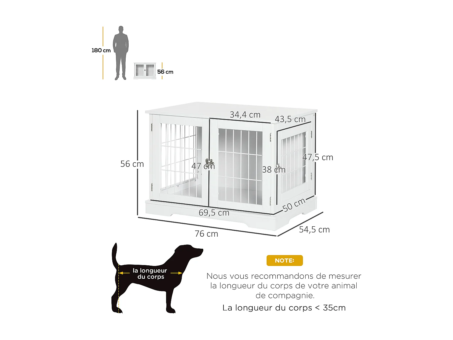 Cage pour chien animaux table d'appoint 2 en 1 - 2 portes verrouillables - dim. 76L x 54,5l x 56H cm - MDF acier blanc