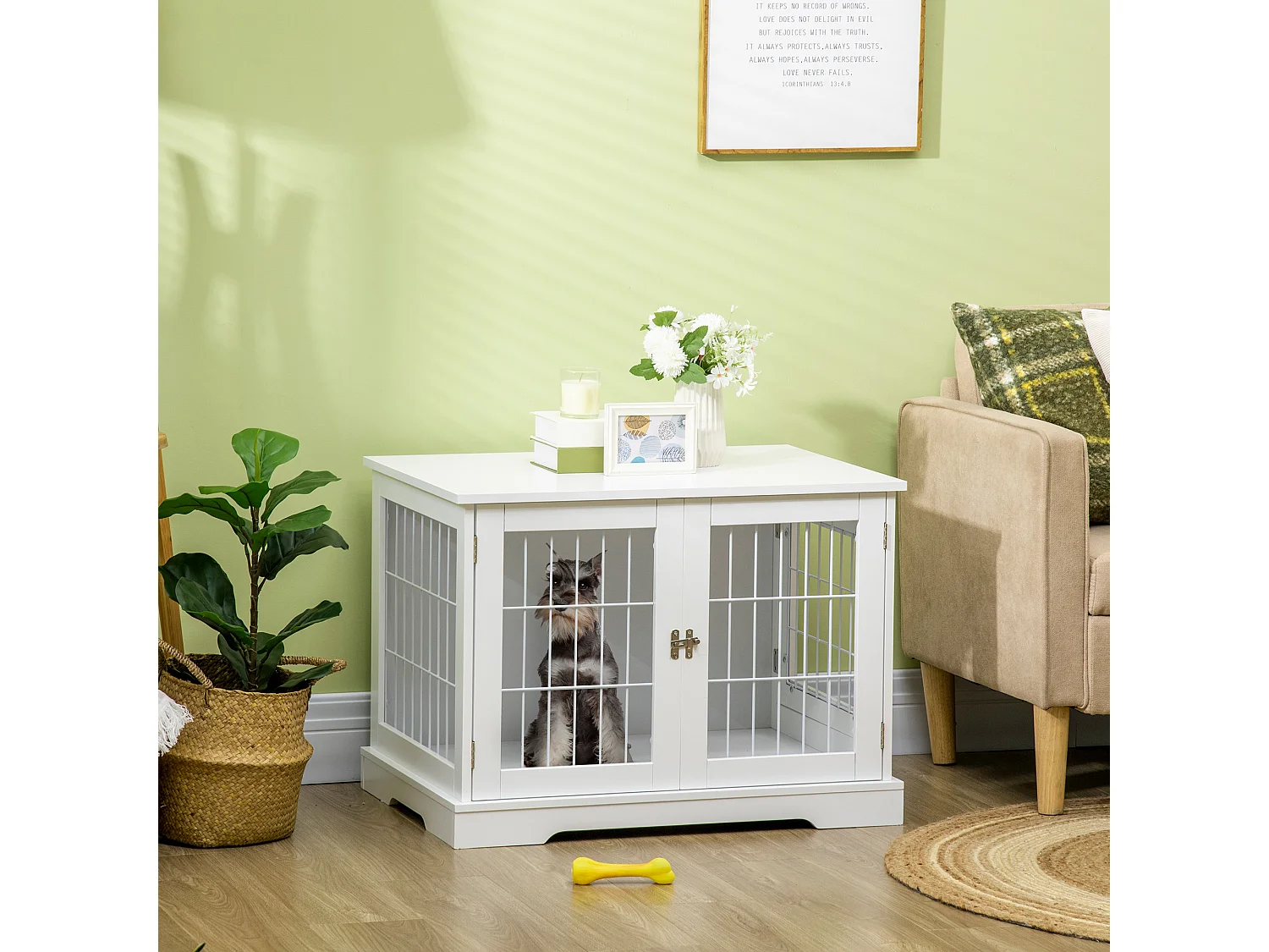 Cage pour chien animaux table d'appoint 2 en 1 - 2 portes verrouillables - dim. 76L x 54,5l x 56H cm - MDF acier blanc