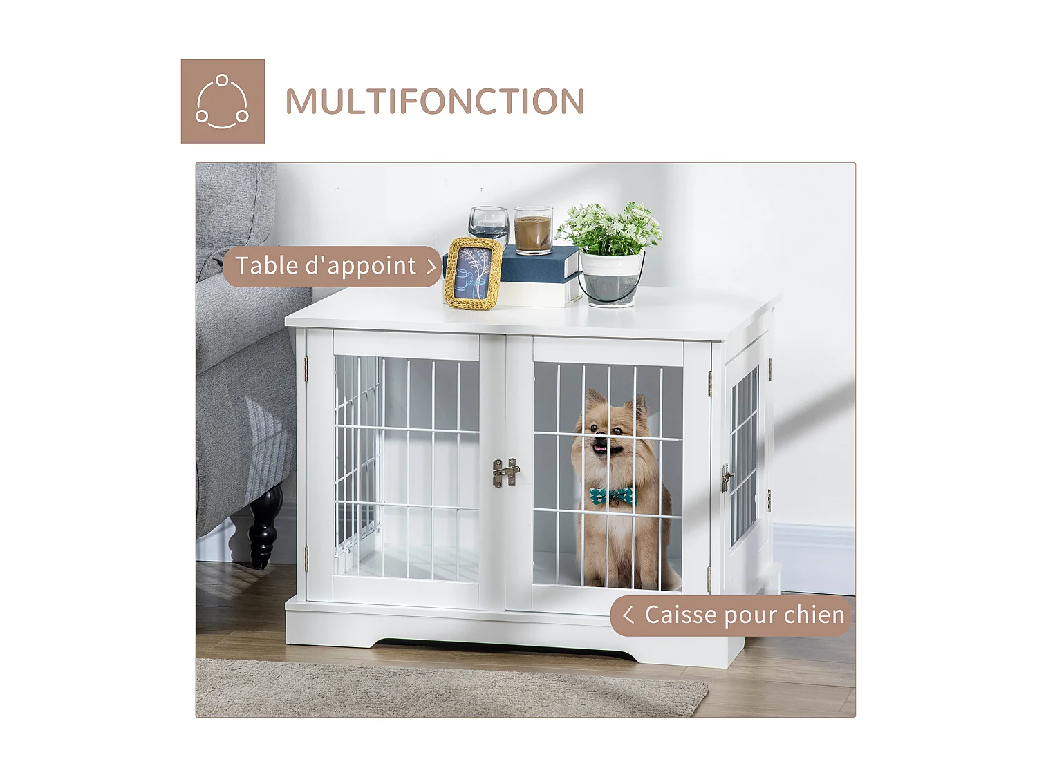 Cage pour chien animaux table d'appoint 2 en 1 - 2 portes verrouillables - dim. 76L x 54,5l x 56H cm - MDF acier blanc