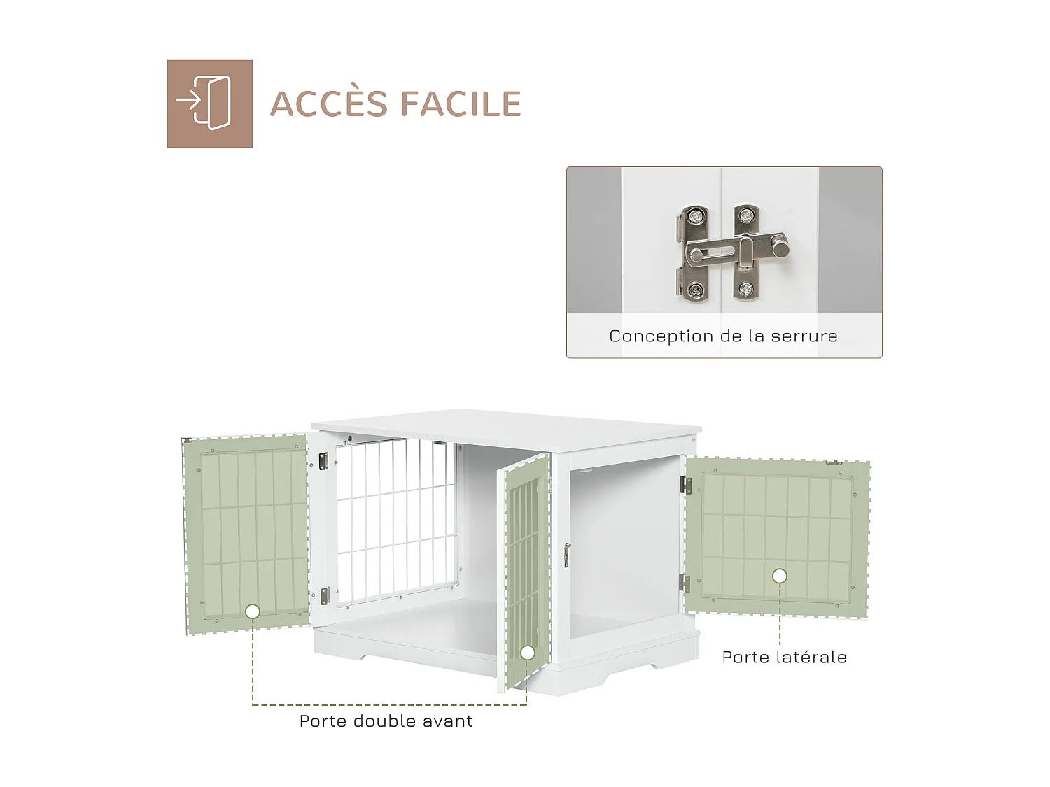 Cage pour chien animaux table d'appoint 2 en 1 - 2 portes verrouillables - dim. 76L x 54,5l x 56H cm - MDF acier blanc