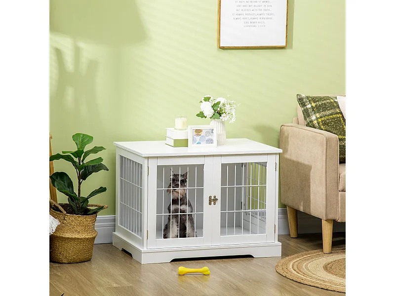 Cage pour chien animaux table d'appoint 2 en 1 - 2 portes verrouillables - dim. 76L x 54,5l x 56H cm - MDF acier blanc