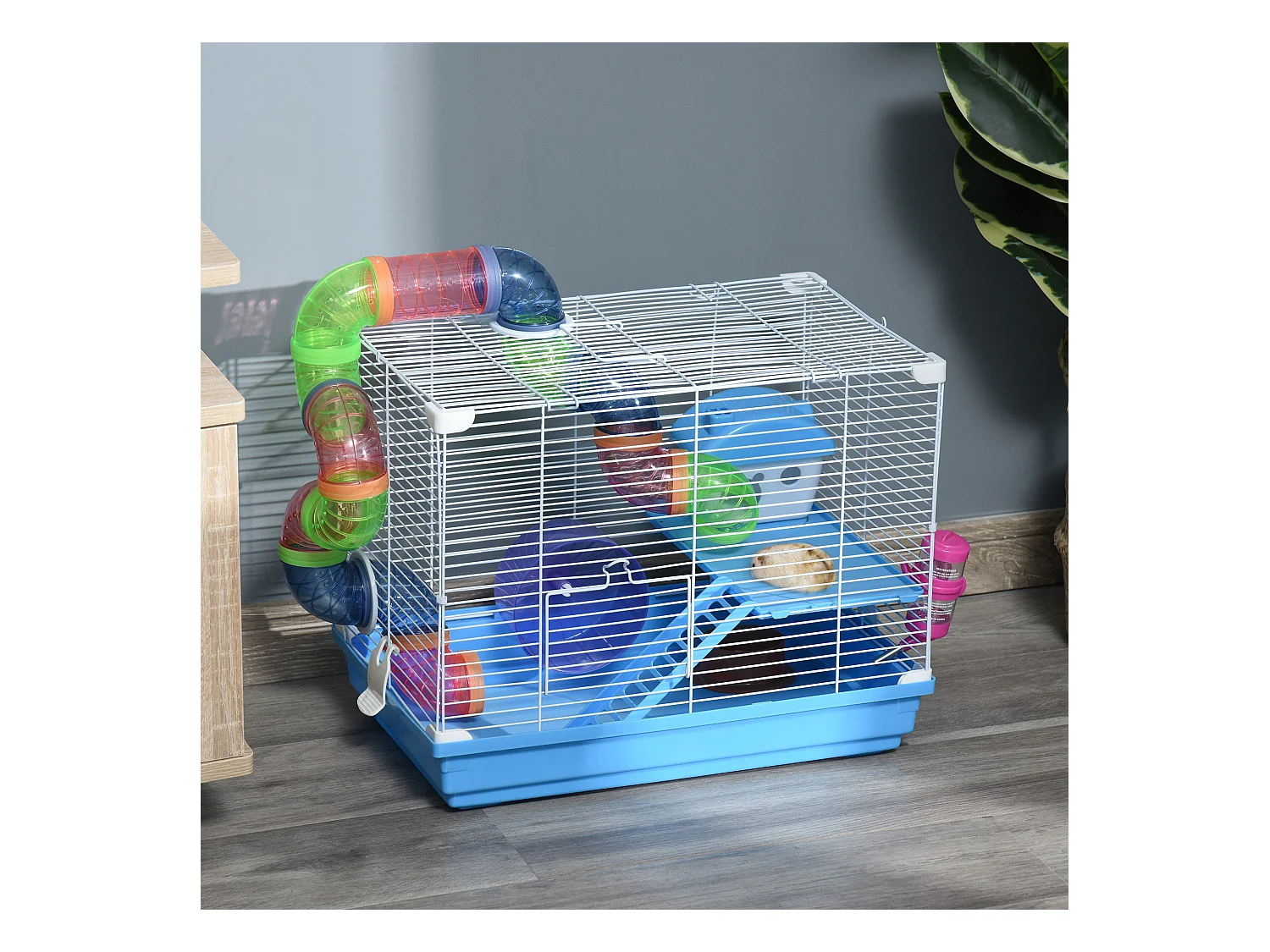 Cage à hamster rongeur 2 niveaux avec tunnel, biberon eau, roue, maisonnette, échelles - dim. 46L x 30l x 37H cm - métal blanc PP bleu
