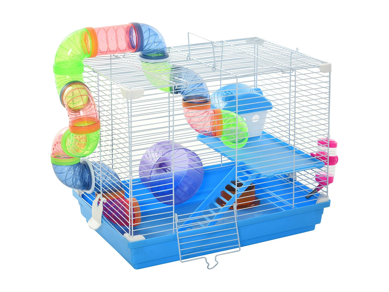 Cage à hamster rongeur 2 niveaux avec tunnel, biberon eau, roue, maisonnette, échelles - dim. 46L x 30l x 37H cm - métal blanc PP bleu