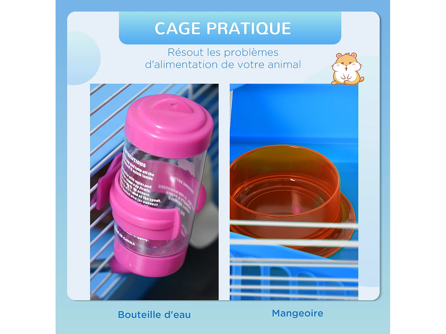 Cage à hamster rongeur 2 niveaux avec tunnel, biberon eau, roue, maisonnette, échelles - dim. 46L x 30l x 37H cm - métal blanc PP bleu