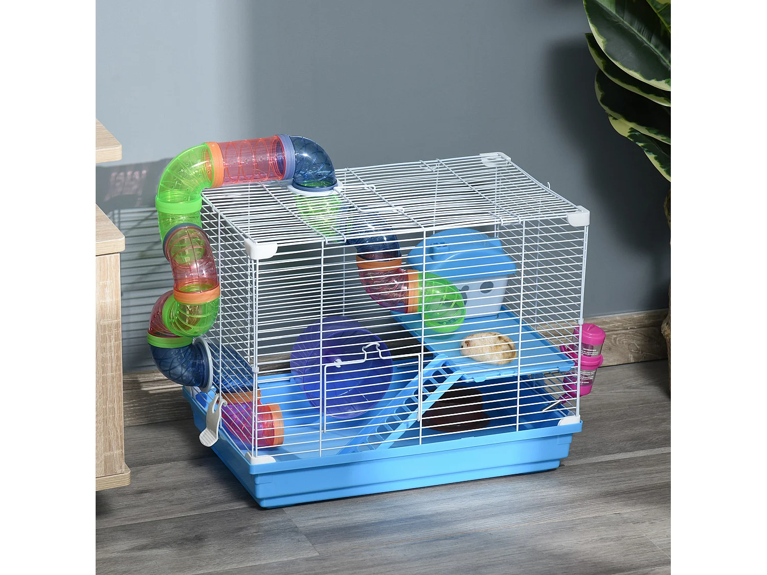 Cage à hamster rongeur 2 niveaux avec tunnel, biberon eau, roue, maisonnette, échelles - dim. 46L x 30l x 37H cm - métal blanc PP bleu