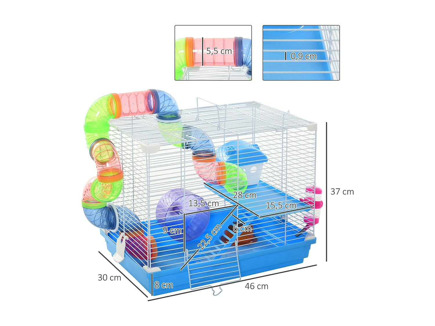 Cage à hamster rongeur 2 niveaux avec tunnel, biberon eau, roue, maisonnette, échelles - dim. 46L x 30l x 37H cm - métal blanc PP bleu