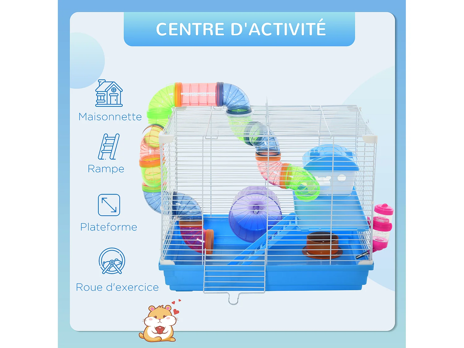 Cage à hamster rongeur 2 niveaux avec tunnel, biberon eau, roue, maisonnette, échelles - dim. 46L x 30l x 37H cm - métal blanc PP bleu