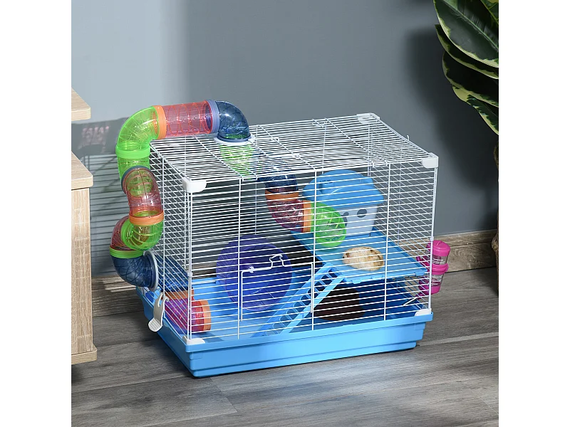 Cage à hamster rongeur 2 niveaux avec tunnel, biberon eau, roue, maisonnette, échelles - dim. 46L x 30l x 37H cm - métal blanc PP bleu