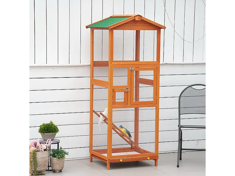 Volière cage à oiseaux - 2 portes tiroir déjection coulissant échelle toit bitumé - bois sapin pré-huilé