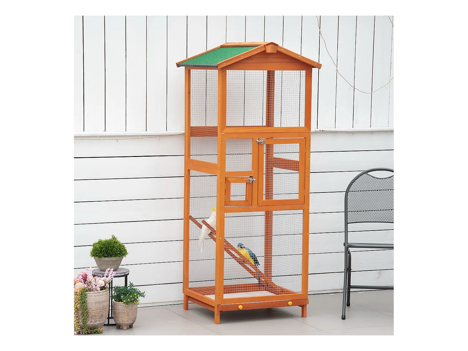Volière cage à oiseaux - 2 portes tiroir déjection coulissant échelle toit bitumé - bois sapin pré-huilé