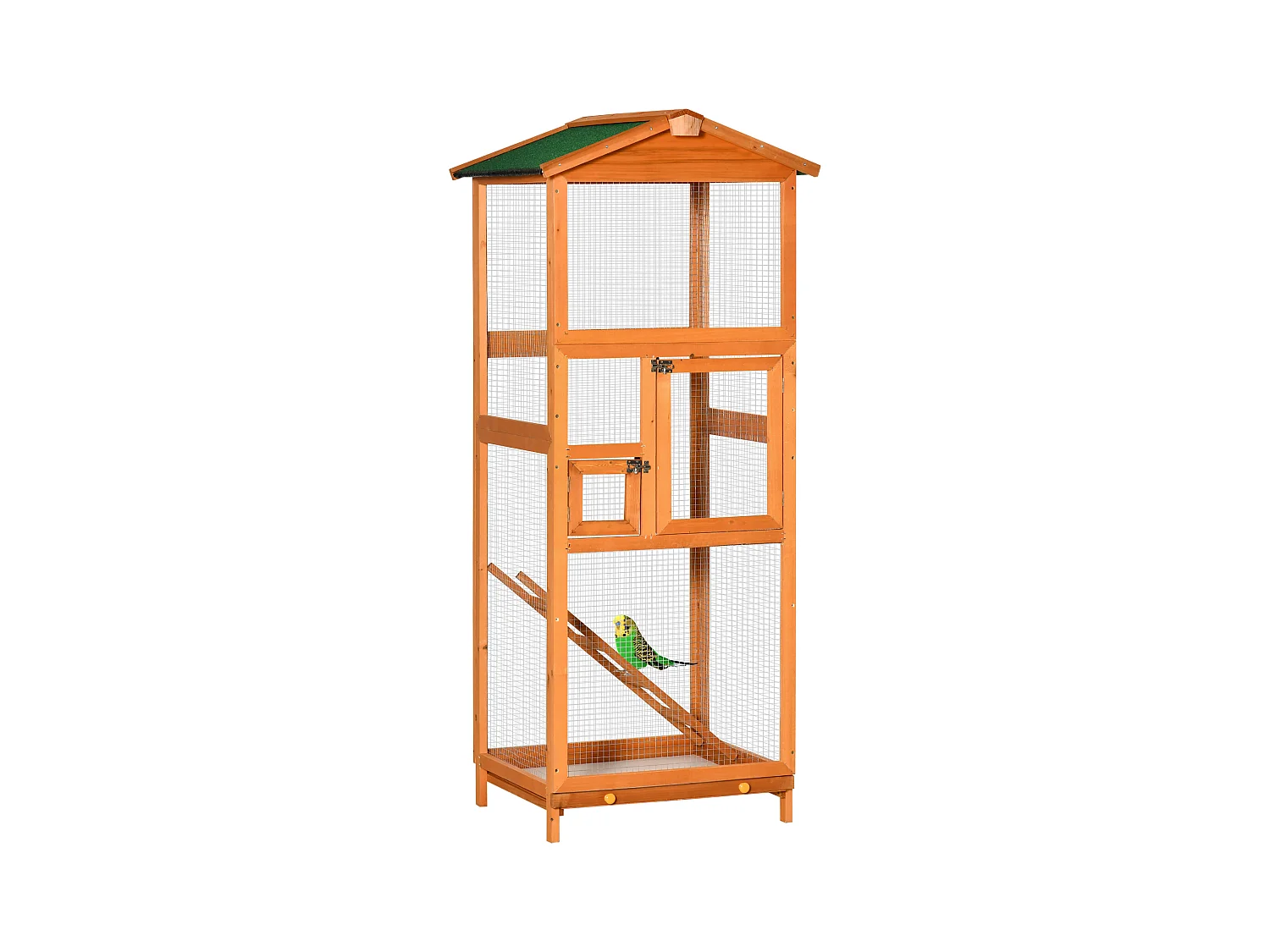 Volière cage à oiseaux - 2 portes tiroir déjection coulissant échelle toit bitumé - bois sapin pré-huilé