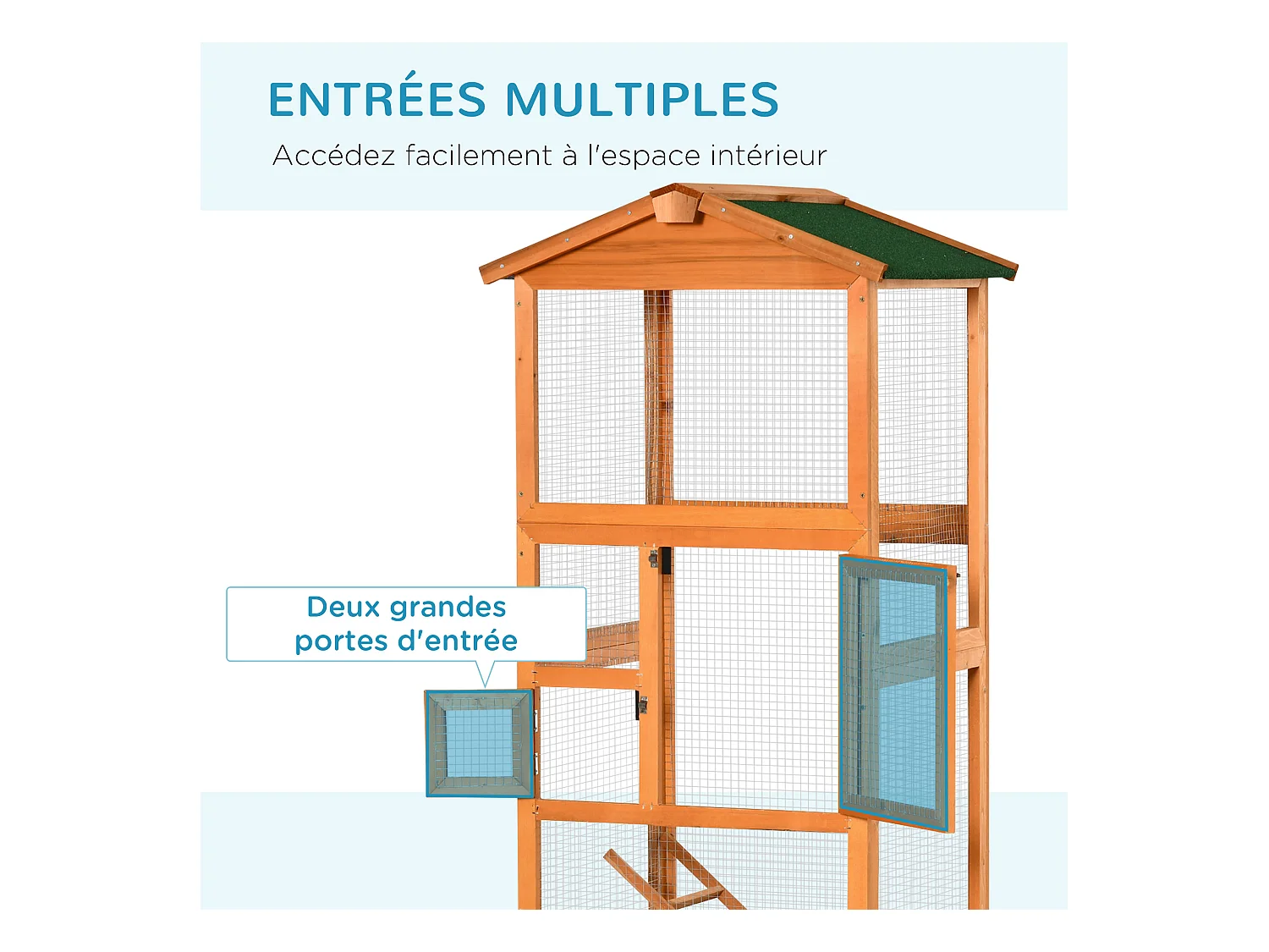 Volière cage à oiseaux - 2 portes tiroir déjection coulissant échelle toit bitumé - bois sapin pré-huilé