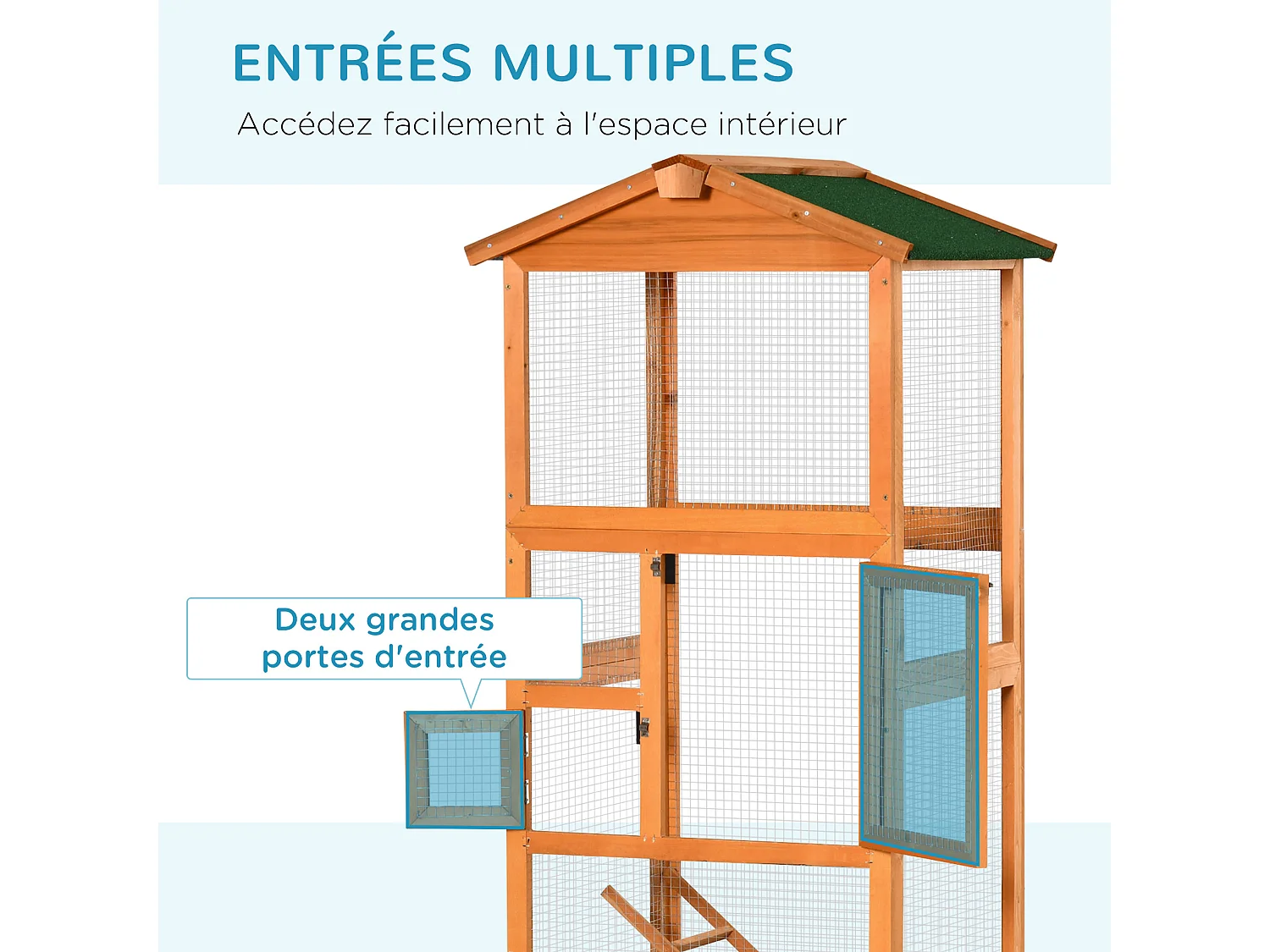 Volière cage à oiseaux - 2 portes tiroir déjection coulissant échelle toit bitumé - bois sapin pré-huilé