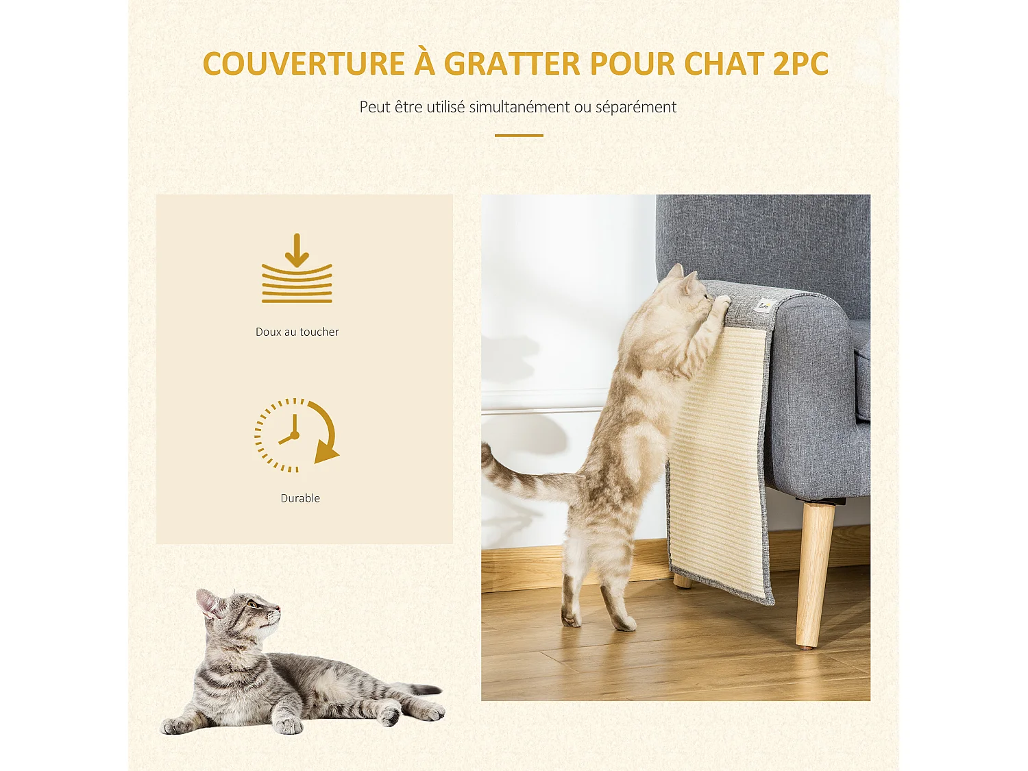 Lot de 2 tapis griffoir chat grattoir chat en sisal grattoir de canapé, sol ou mur dim. 130L x 45l cm gris