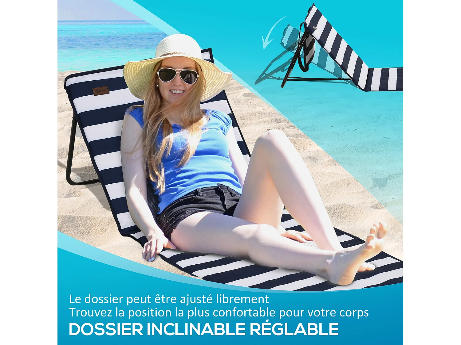 Lot de 2 tapis de plage rembourrés pliables - matelas de plage - dossier inclinable, rangement - métal polyester blanc bleu