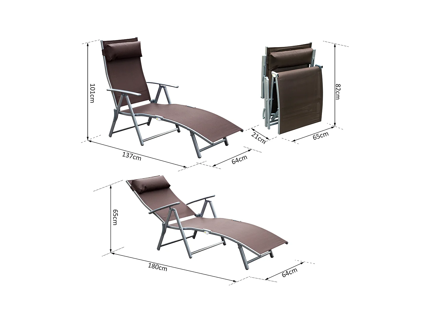 Outsunny transat chaise longue bain de soleil pliable dossier inclinable multi-positions têtière fournie 137L x 64l x 101H cm métal époxy textilène marron