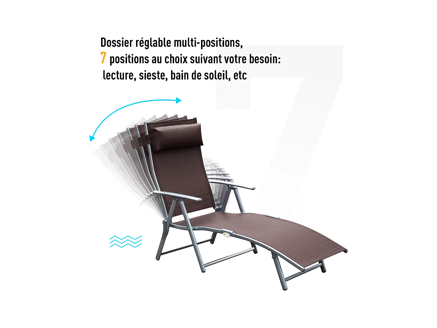 Outsunny transat chaise longue bain de soleil pliable dossier inclinable multi-positions têtière fournie 137L x 64l x 101H cm métal époxy textilène marron
