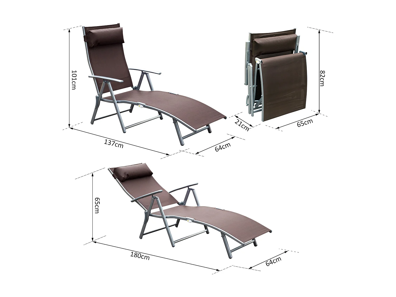 Outsunny transat chaise longue bain de soleil pliable dossier inclinable multi-positions têtière fournie 137L x 64l x 101H cm métal époxy textilène marron