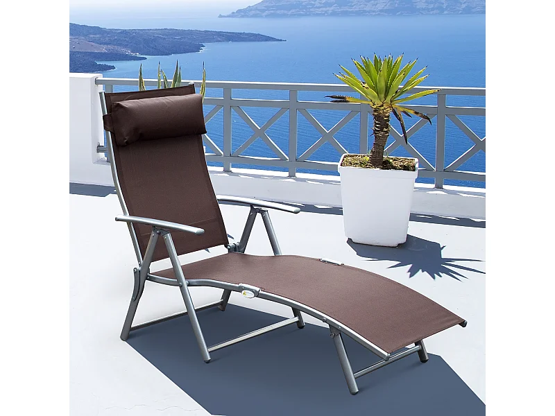Outsunny transat chaise longue bain de soleil pliable dossier inclinable multi-positions têtière fournie 137L x 64l x 101H cm métal époxy textilène marron