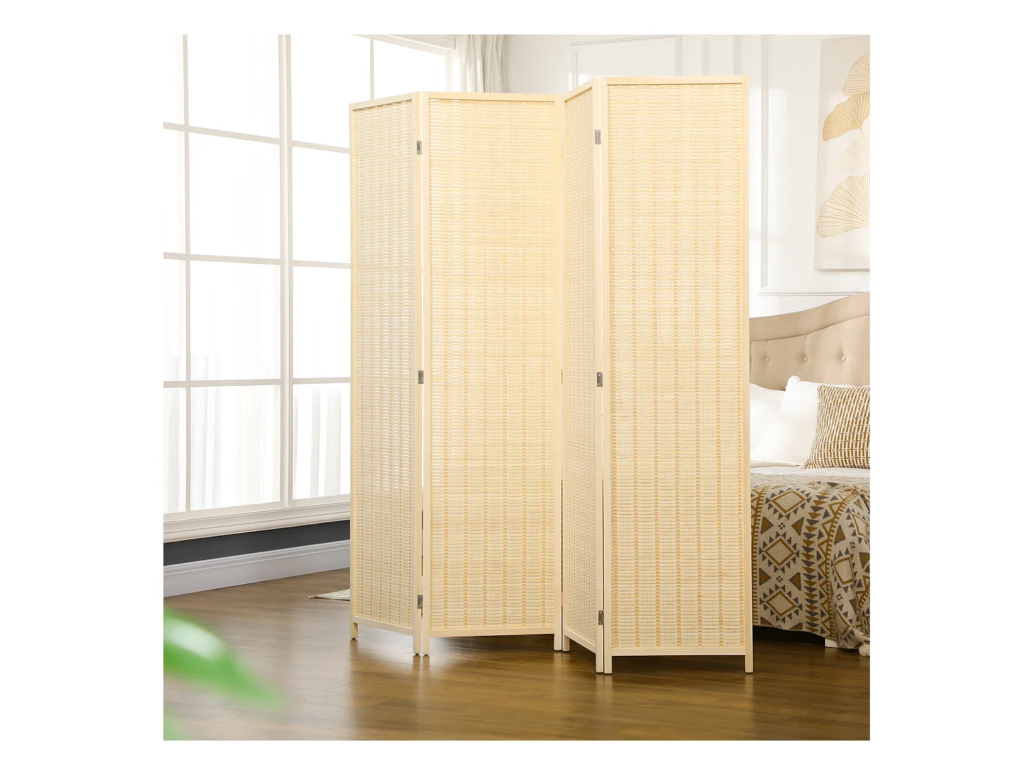 Paravent intérieur séparateur de pièce pliable 4 panneaux dim. 180L x 180H cm bois pin bambou coton naturel