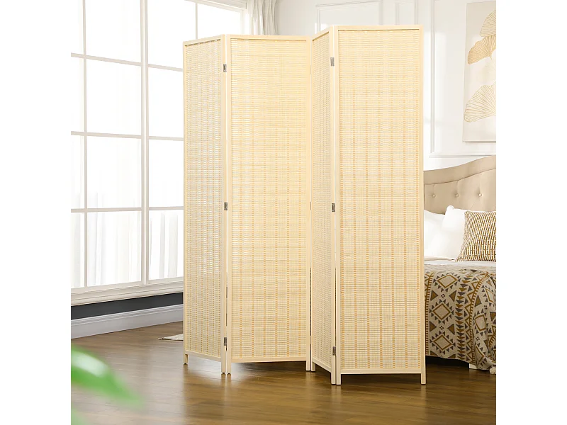Paravent intérieur séparateur de pièce pliable 4 panneaux dim. 180L x 180H cm bois pin bambou coton naturel