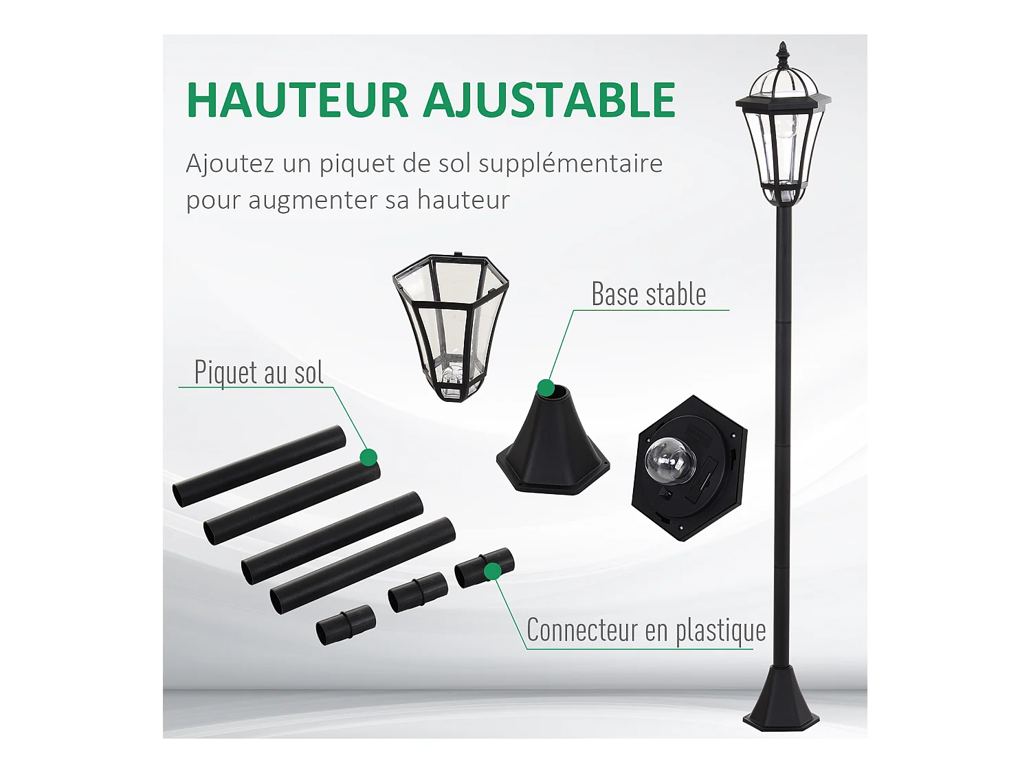Lot de 2 luminaires extérieurs solaires lampadaires lanternes classiques LED 15 Lm Ø 18,5 x 129H cm noir