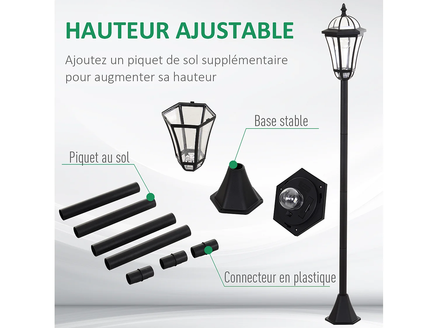 Lot de 2 luminaires extérieurs solaires lampadaires lanternes classiques LED 15 Lm Ø 18,5 x 129H cm noir