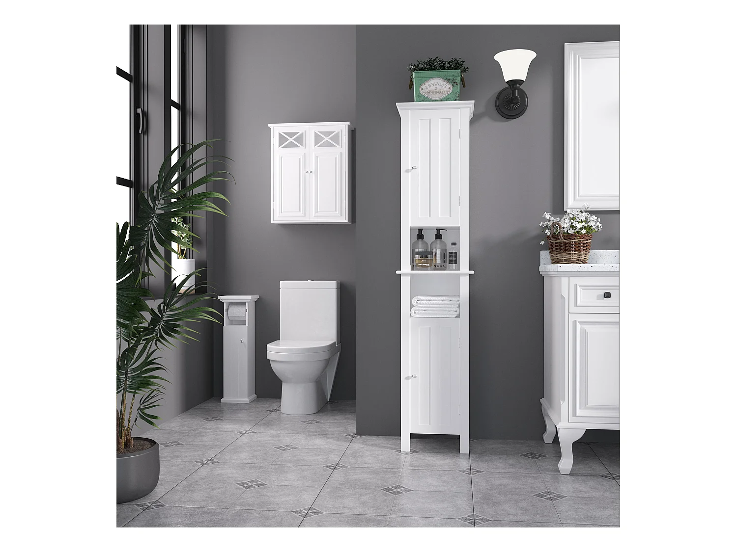 Meuble WC armoire toilette - porte, support papier - dim. 21L x 17l x 66H cm - blanc