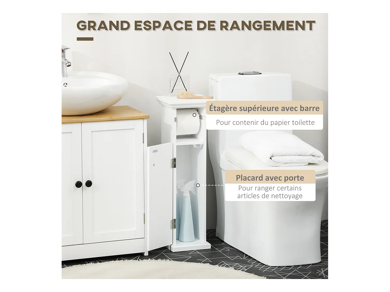 Meuble WC armoire toilette - porte, support papier - dim. 21L x 17l x 66H cm - blanc