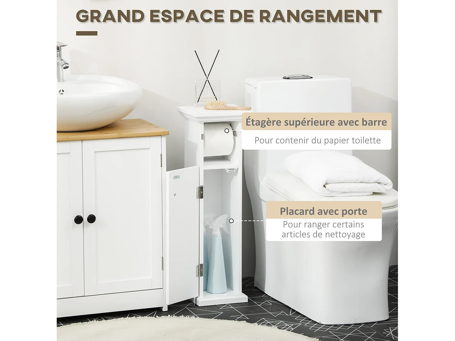 Meuble WC armoire toilette - porte, support papier - dim. 21L x 17l x 66H cm - blanc