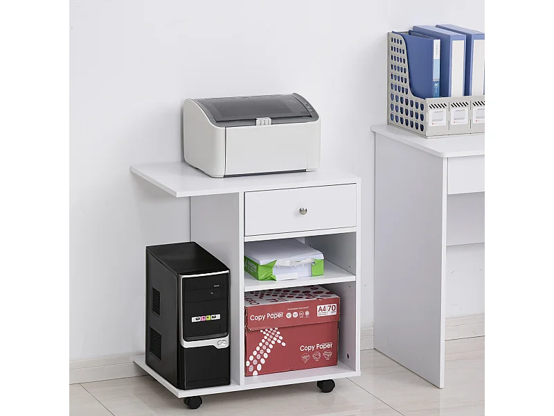 Support d'imprimante organiseur bureau caisson 2 niches tiroir espace CPU + grand plateau panneaux particules blanc