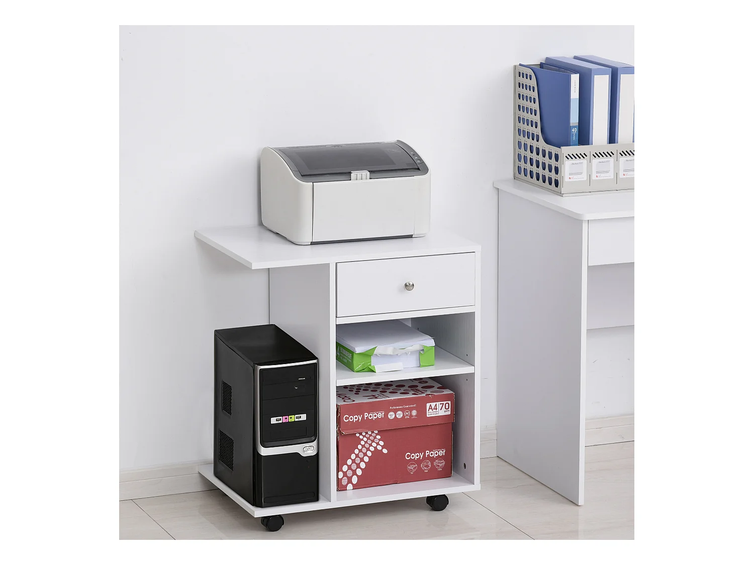 Support d'imprimante organiseur bureau caisson 2 niches tiroir espace CPU + grand plateau panneaux particules blanc