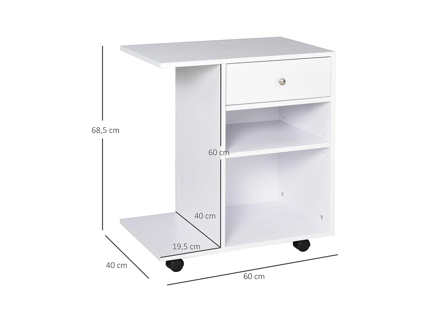 Support d'imprimante organiseur bureau caisson 2 niches tiroir espace CPU + grand plateau panneaux particules blanc