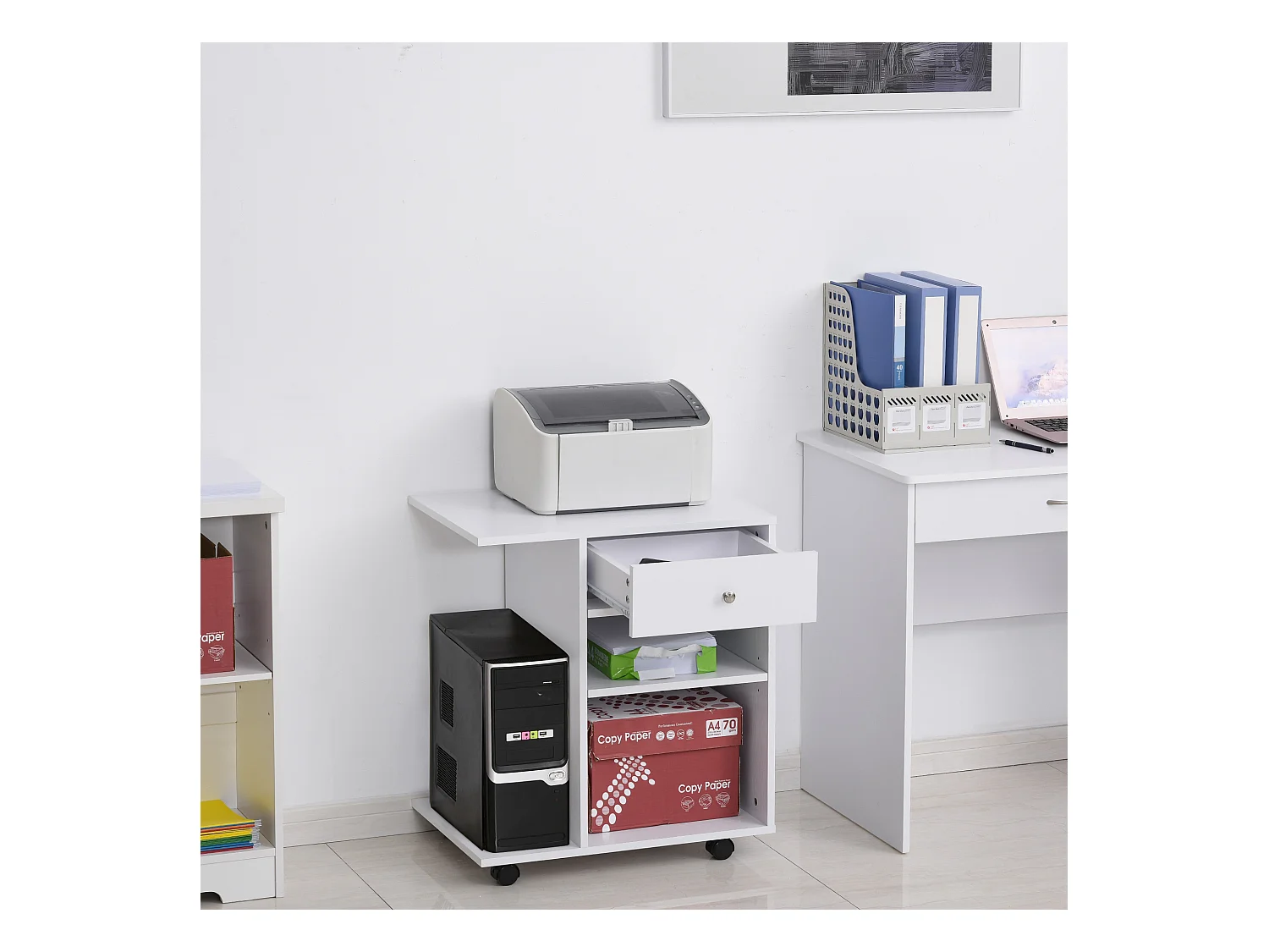 Support d'imprimante organiseur bureau caisson 2 niches tiroir espace CPU + grand plateau panneaux particules blanc