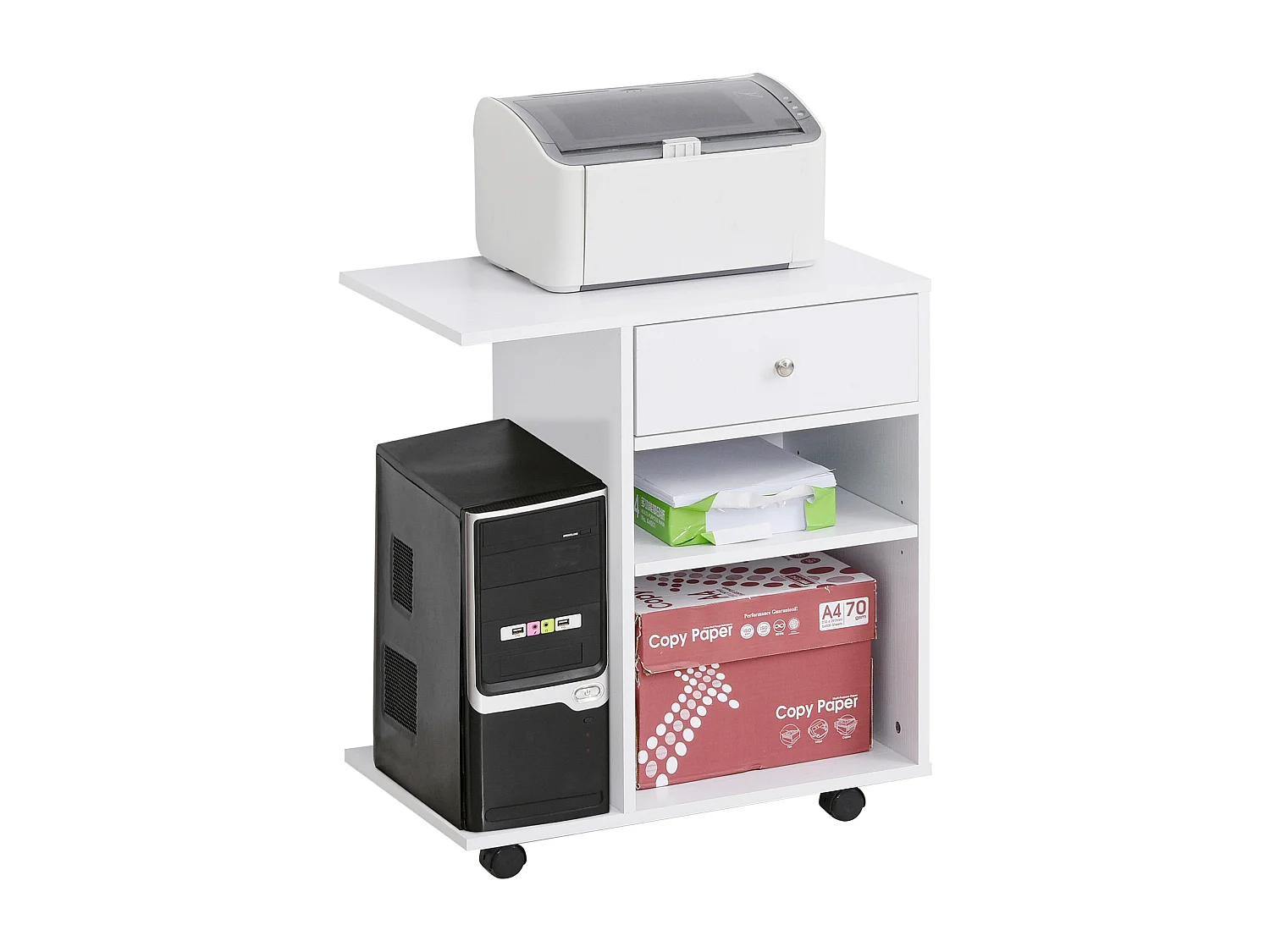 Support d'imprimante organiseur bureau caisson 2 niches tiroir espace CPU + grand plateau panneaux particules blanc