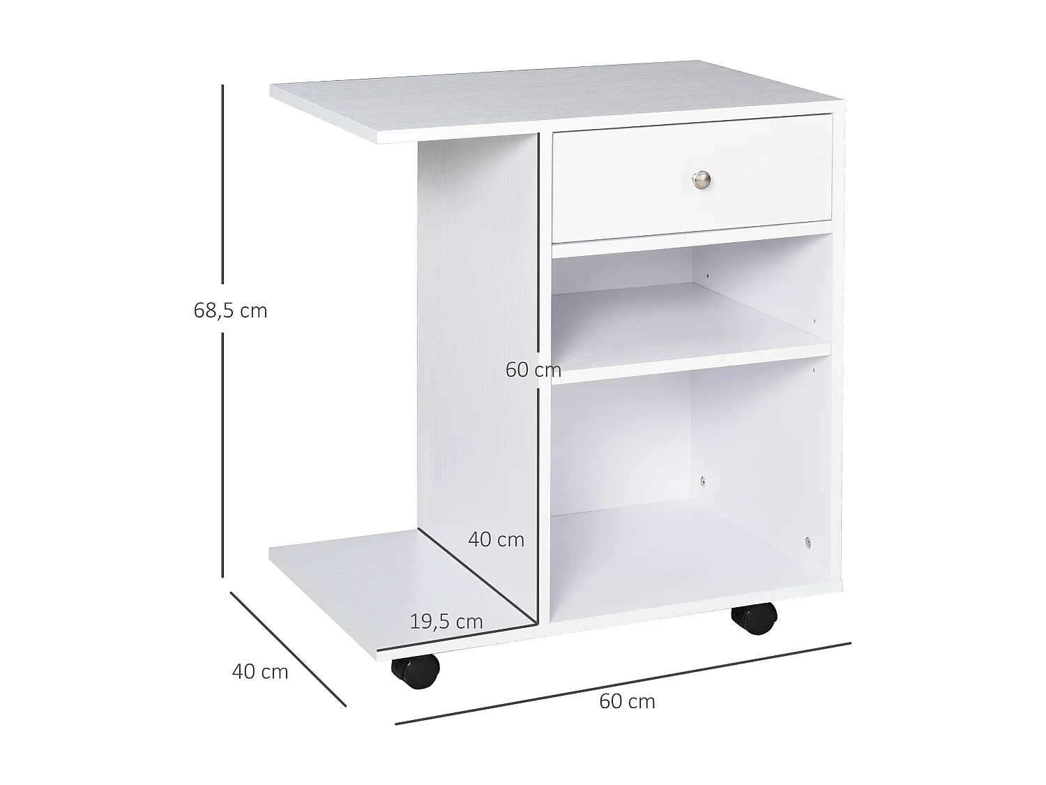 Support d'imprimante organiseur bureau caisson 2 niches tiroir espace CPU + grand plateau panneaux particules blanc