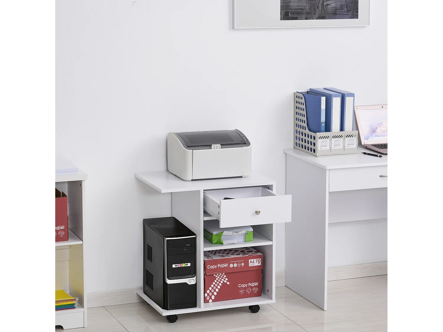 Support d'imprimante organiseur bureau caisson 2 niches tiroir espace CPU + grand plateau panneaux particules blanc