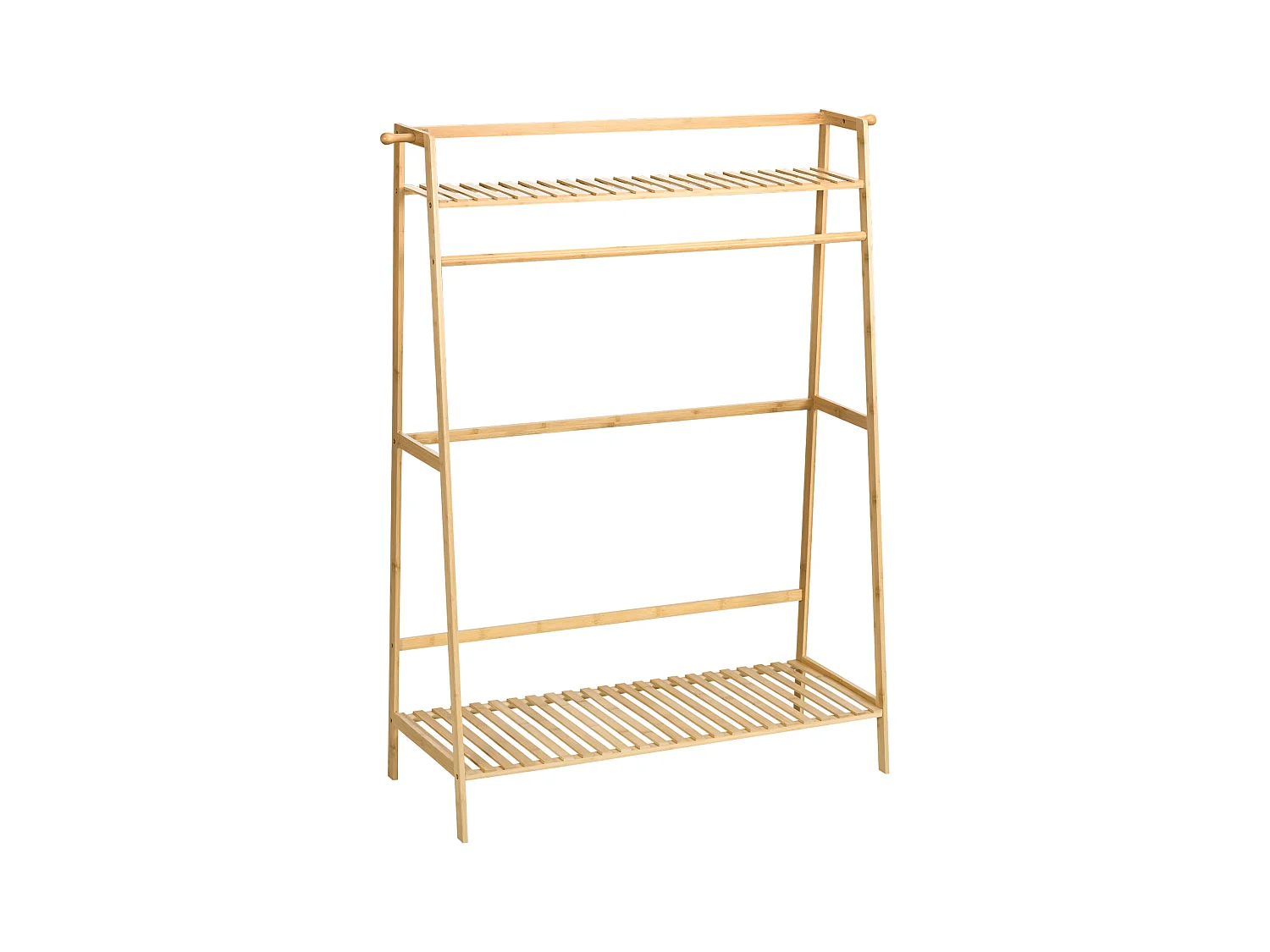 Portant à vêtements penderie - 2 étagères, 2 patères, barre de suspension - bambou verni