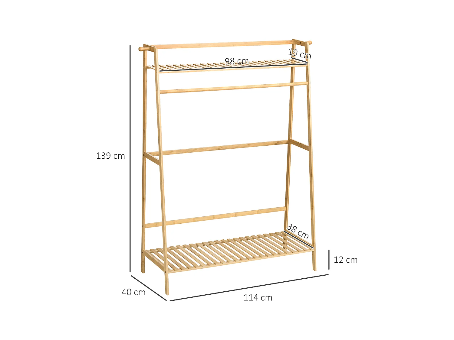 Portant à vêtements penderie - 2 étagères, 2 patères, barre de suspension - bambou verni