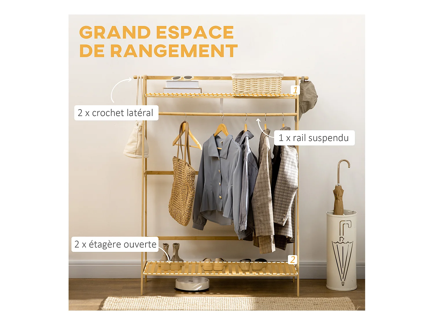 Portant à vêtements penderie - 2 étagères, 2 patères, barre de suspension - bambou verni