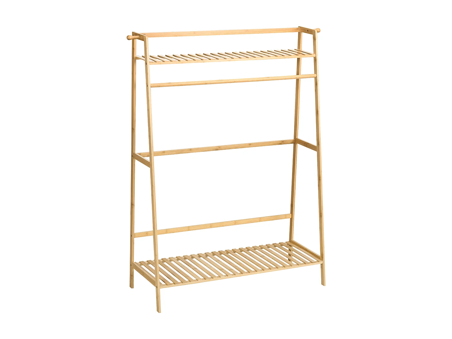 Portant à vêtements penderie - 2 étagères, 2 patères, barre de suspension - bambou verni