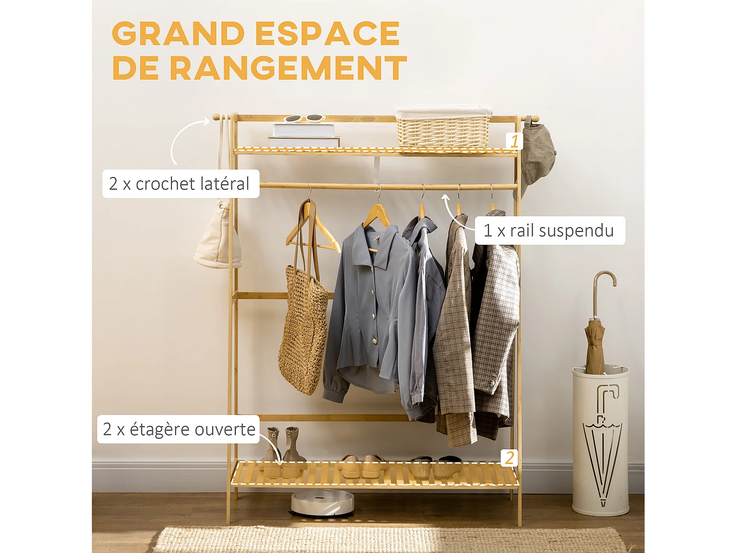 Portant à vêtements penderie - 2 étagères, 2 patères, barre de suspension - bambou verni