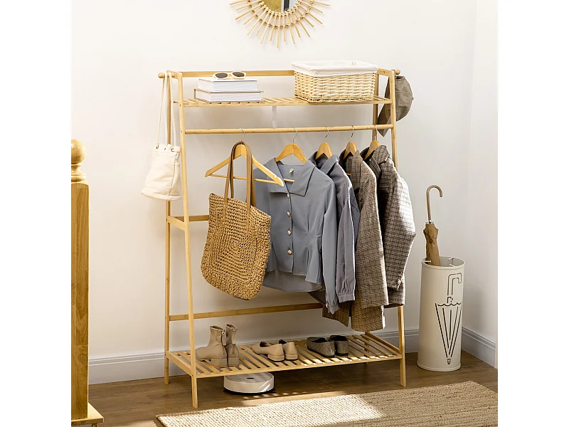 Portant à vêtements penderie - 2 étagères, 2 patères, barre de suspension - bambou verni