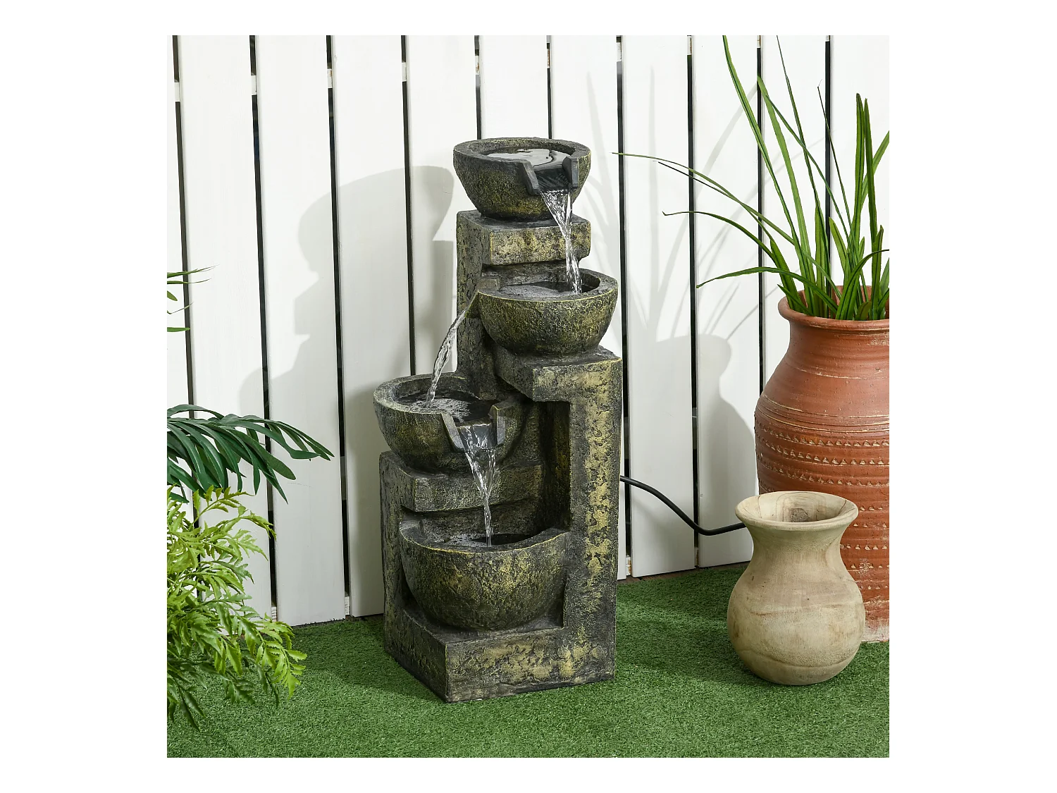 Fontaine de jardin cascade 4 pots débit réglable pompe à eau submersible incluse résine noir bronze vieilli