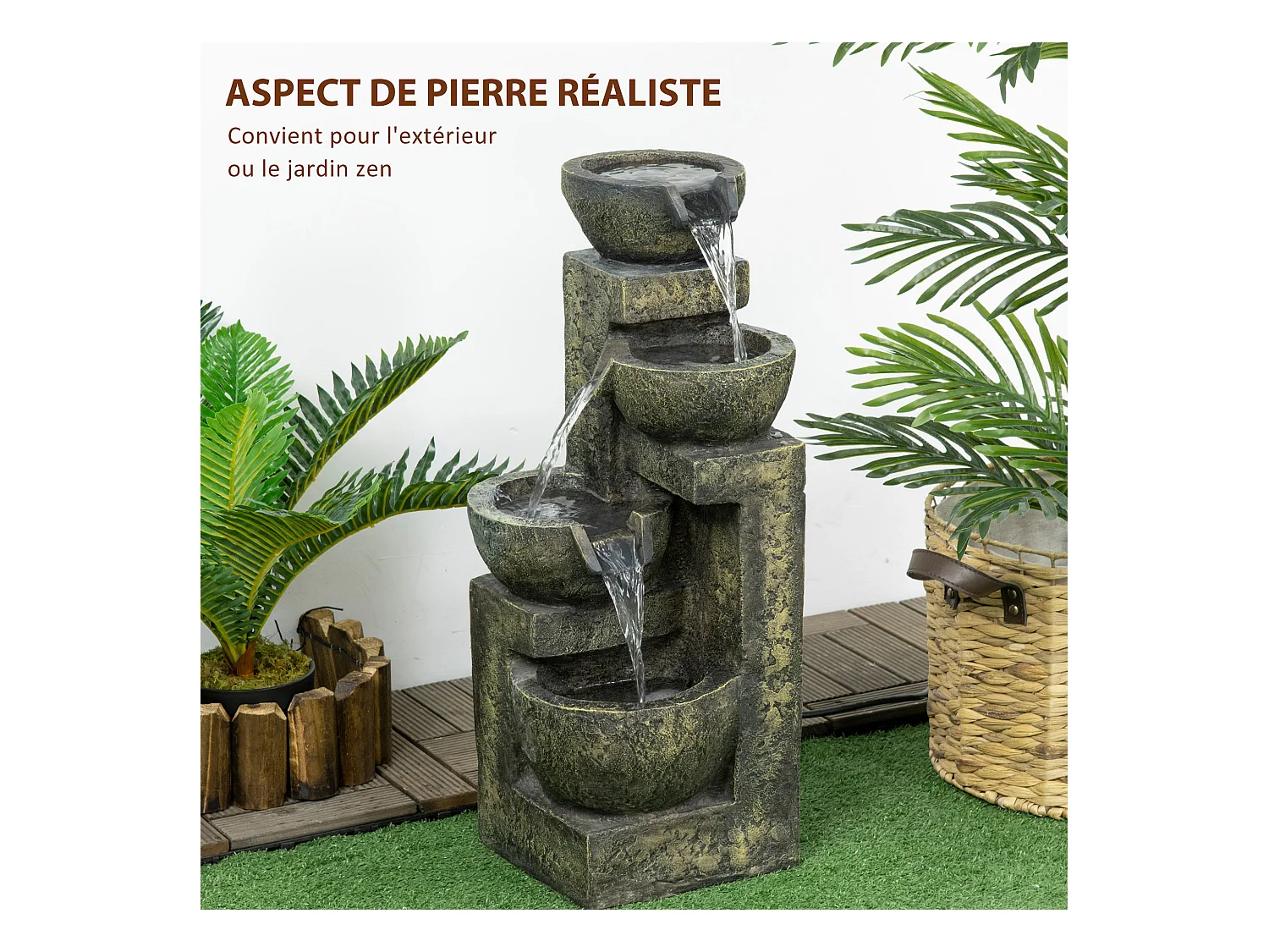 Fontaine de jardin cascade 4 pots débit réglable pompe à eau submersible incluse résine noir bronze vieilli