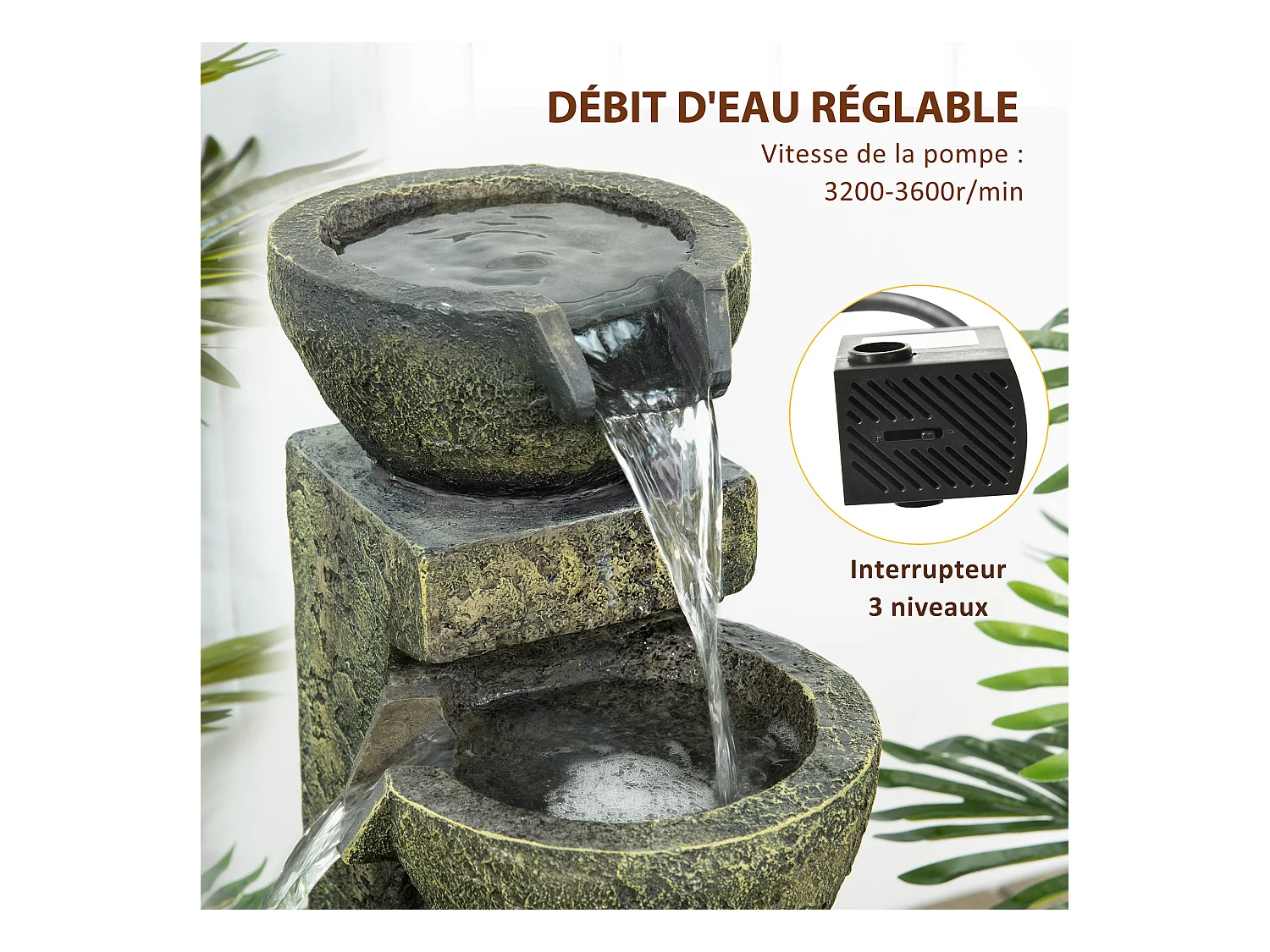 Fontaine de jardin cascade 4 pots débit réglable pompe à eau submersible incluse résine noir bronze vieilli