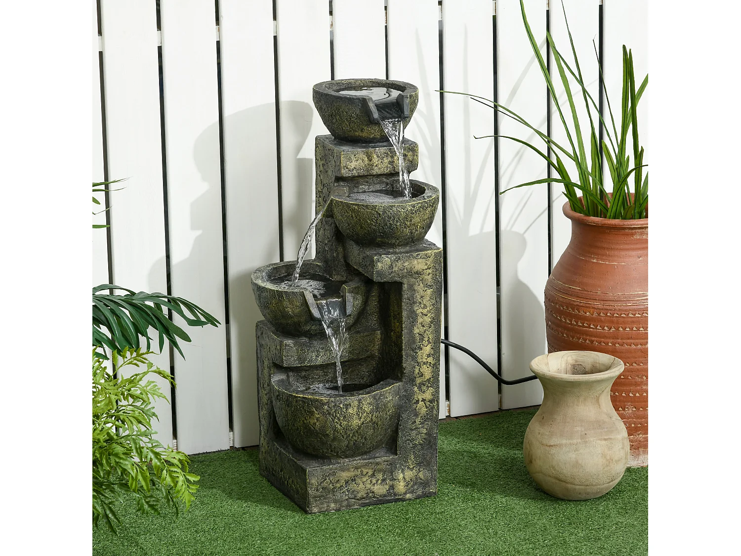 Fontaine de jardin cascade 4 pots débit réglable pompe à eau submersible incluse résine noir bronze vieilli