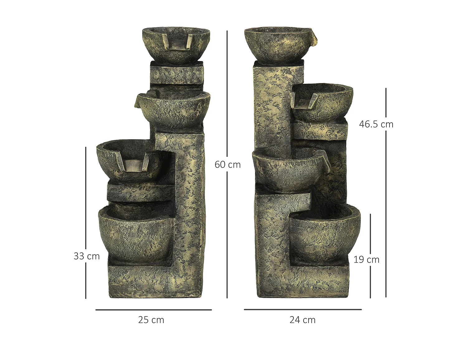 Fontaine de jardin cascade 4 pots débit réglable pompe à eau submersible incluse résine noir bronze vieilli