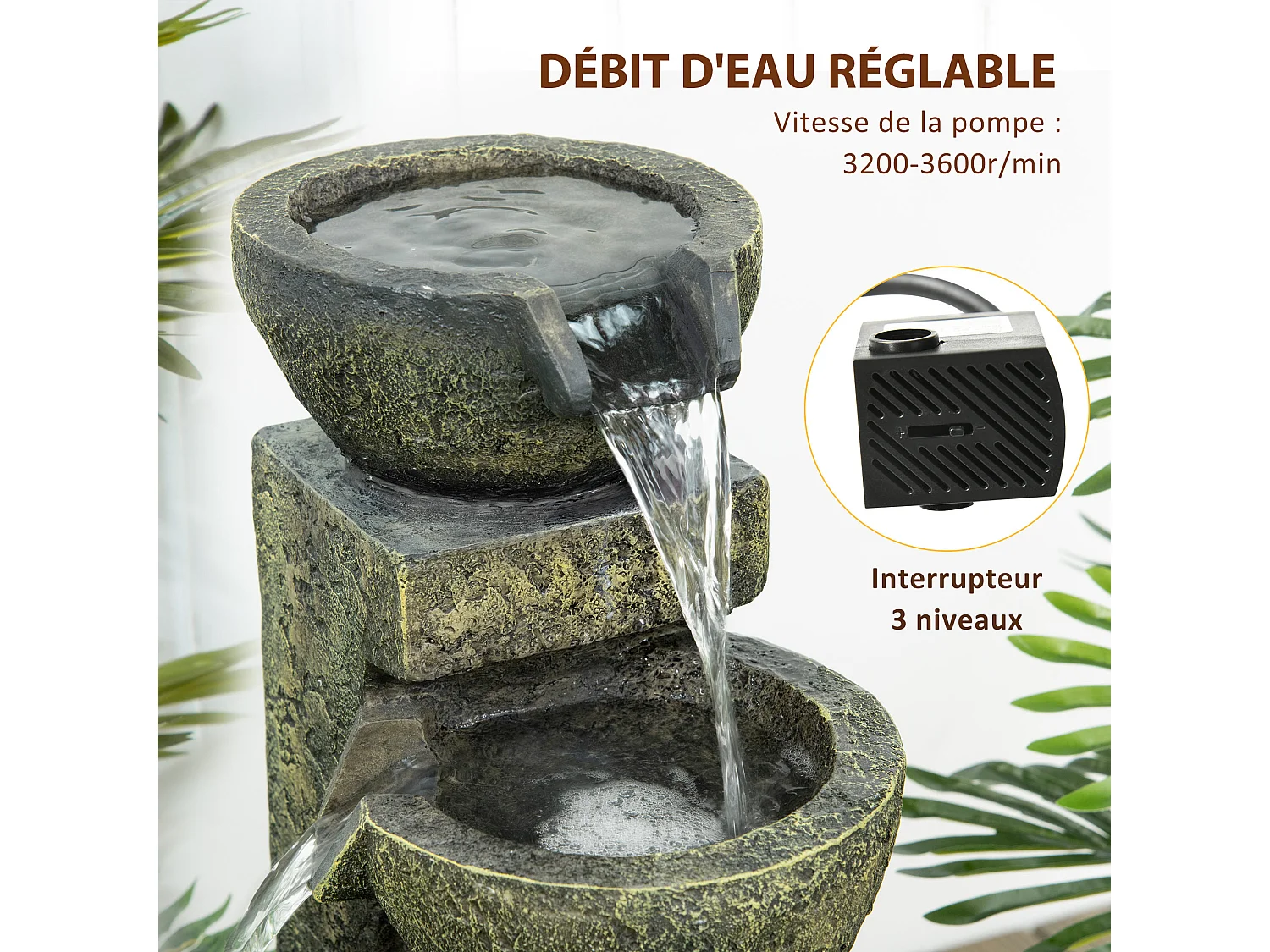 Fontaine de jardin cascade 4 pots débit réglable pompe à eau submersible incluse résine noir bronze vieilli